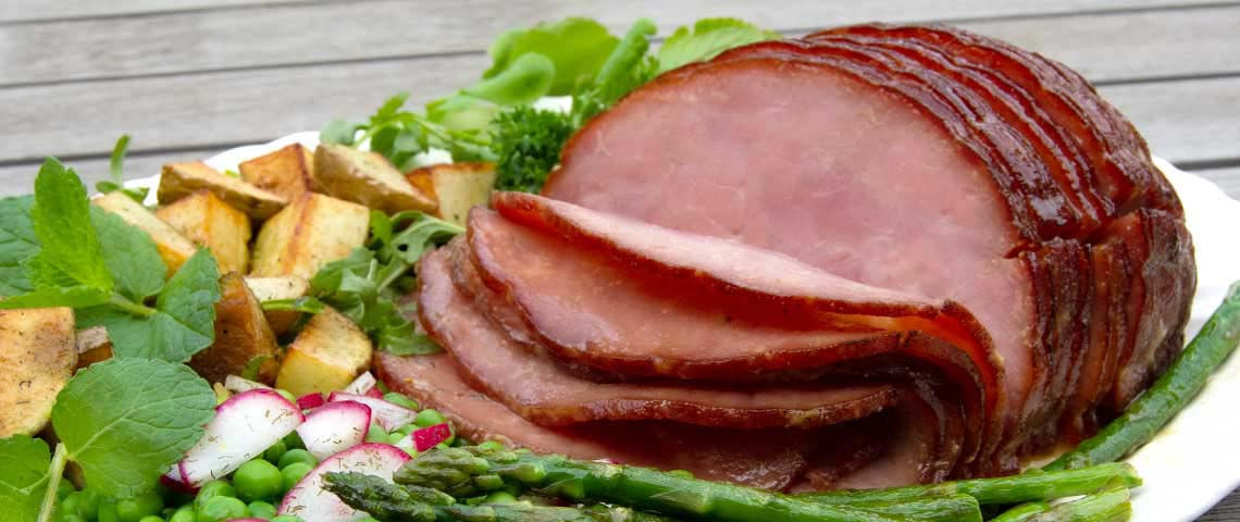 Honey Mustard Glazed Smoked Ham with Roasted Potatoes, Petite Sweet Pea and Radish Salad, and Grilled Asparagus